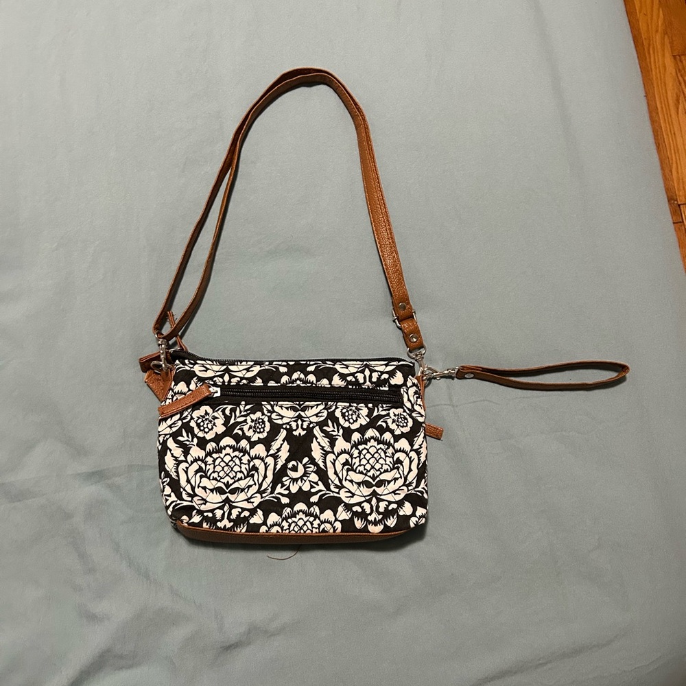Stone Mountain Black and White Floral Crossbody Bag with Brown Strap
